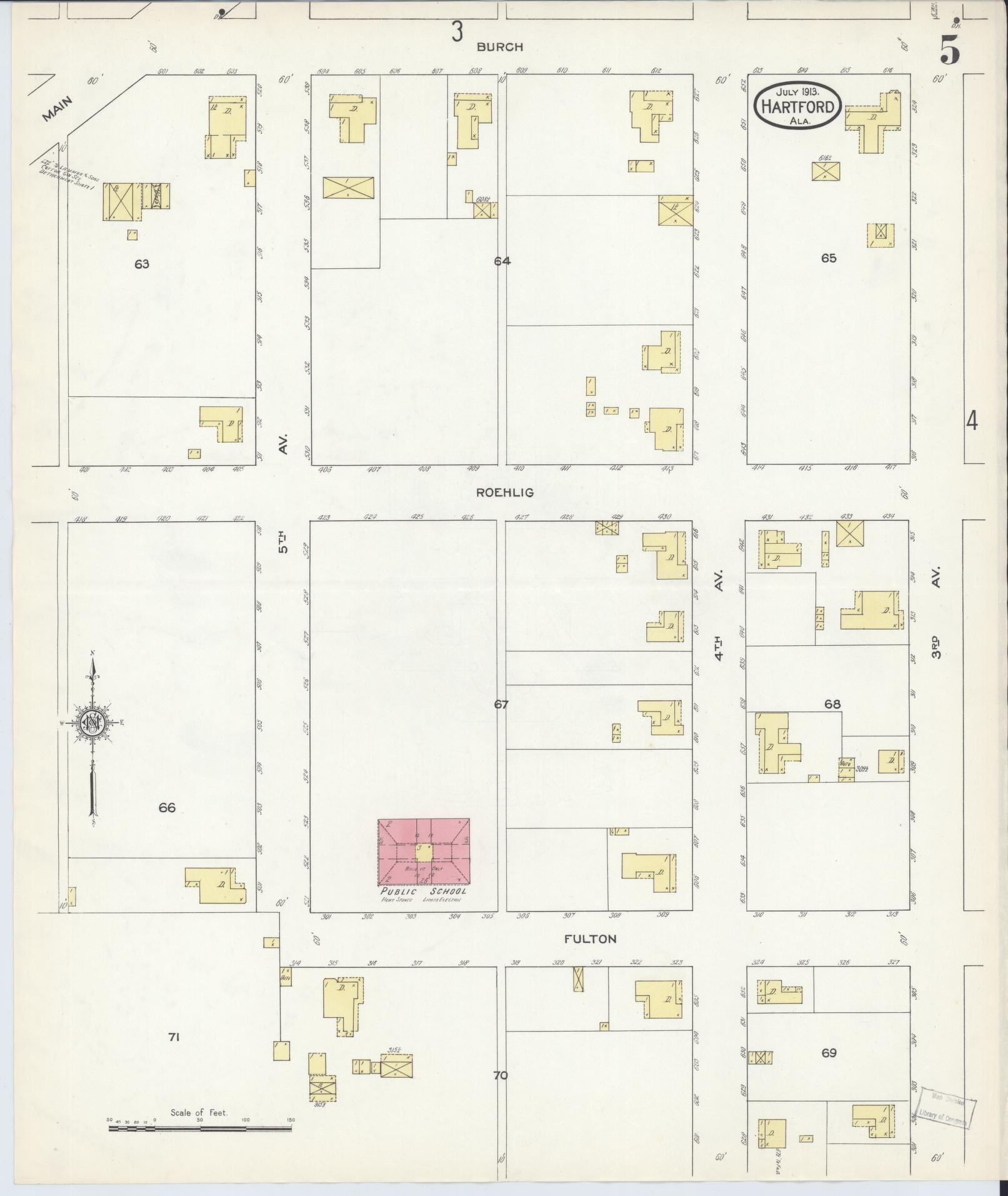 Sanborn Fire Insurance Map from Hartford, Geneva County, Alabama (1913), Sheet #0005 - Historic Sanborn Fire Insurance Map Print, vintage old map wall art, antique decor, genealogy gift, Alabama Alabama map