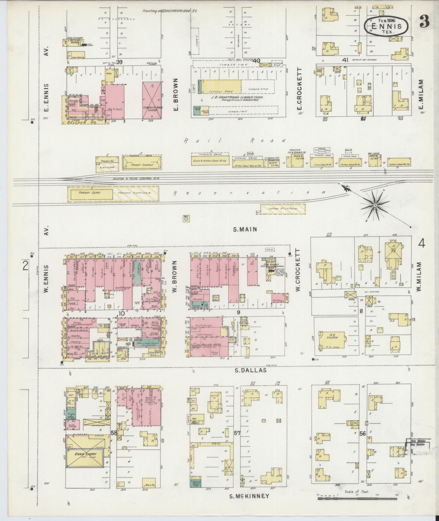 Sanborn Fire Insurance Map from Ennis, Ellis County, Texas (1896), Sheet #0003 - Complete Map Set gallery image, historic Sanborn map, vintage wall art, Texas Texas