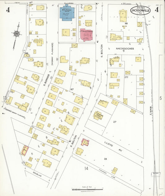 Sanborn Fire Insurance Map from Jacksonville, Cherokee County, Texas (1923), Sheet #0004 - Historic Sanborn Fire Insurance Map Print, vintage old map wall art, antique decor, genealogy gift, Texas Texas map