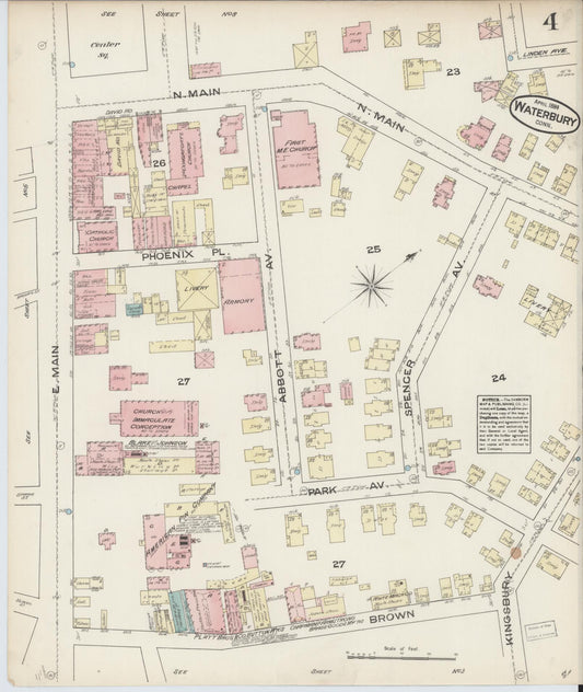Sanborn Fire Insurance Map from Waterbury, New Haven County, Connecticut (1884), Sheet #0004 - Historic Sanborn Fire Insurance Map Print, vintage old map wall art, antique decor, genealogy gift, Connecticut Connecticut map