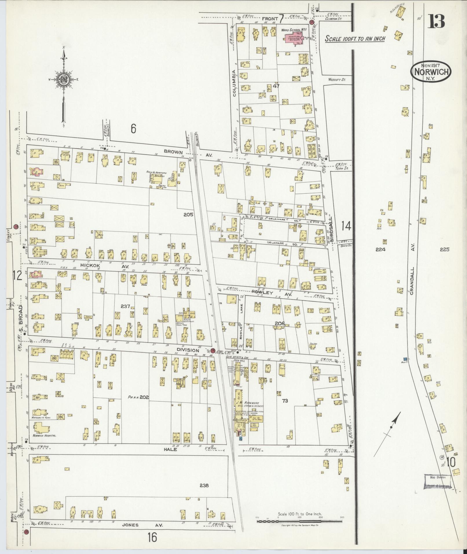 Sanborn Fire Insurance Map from Norwich, Chenango County, New York (1917), Sheet #0013 - Complete Map Set gallery image, historic Sanborn map, vintage wall art, New York New York
