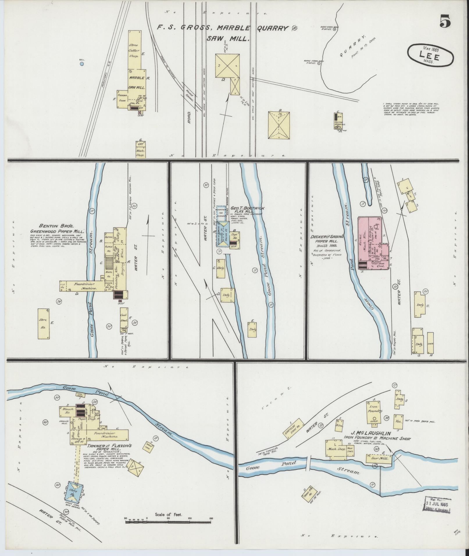 Sanborn Fire Insurance Map from Lee, Berkshire County, Massachusetts (1889), Sheet #0005 - Complete Map Set gallery image, historic Sanborn map, vintage wall art, Massachusetts Massachusetts