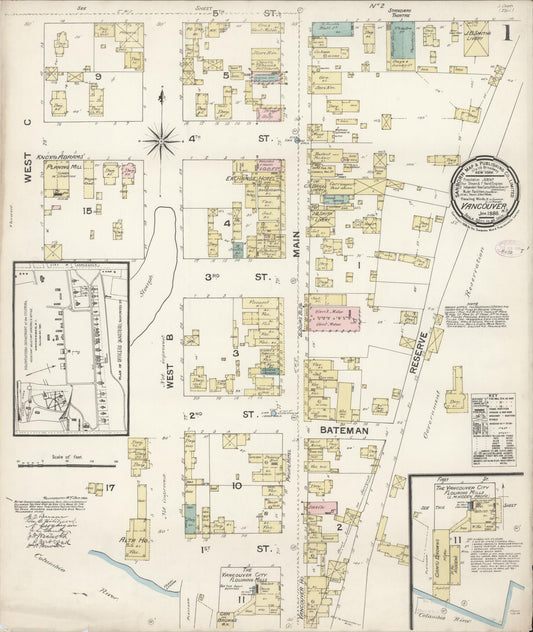 Sanborn Fire Insurance Map from Vancouver, Clark County, Washington (1888), Sheet #0001 - Historic Sanborn Fire Insurance Map Print, vintage old map wall art, antique decor, genealogy gift, Washington Washington map