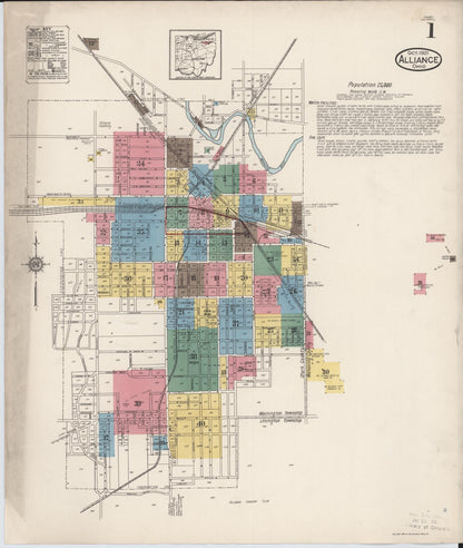 Sanborn Fire Insurance Map from Alliance, Stark County, Ohio (1921), Sheet #0001 - Historic Sanborn Fire Insurance Map Print, vintage old map wall art, antique decor, genealogy gift, Ohio Ohio map