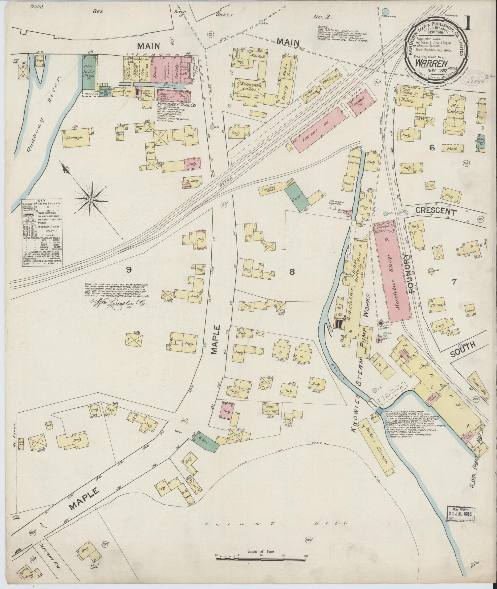 Sanborn Fire Insurance Map from Warren, Worcester County, Massachusetts. (1887) – Historic Sanborn Fire Insurance Map Print
