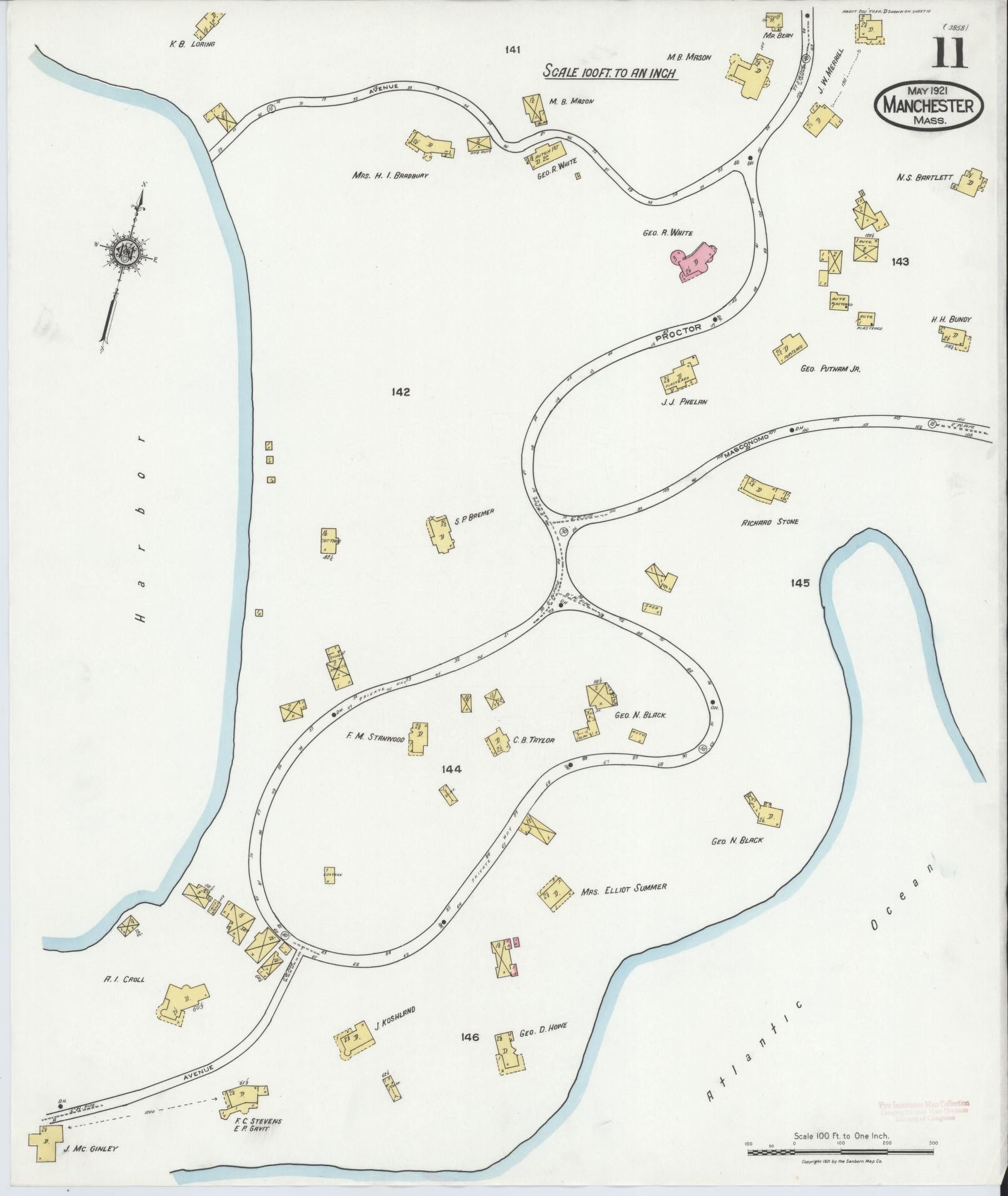 Sanborn Fire Insurance Map from Manchester, Essex County, Massachusetts (1921), Sheet #0011 - Historic Sanborn Fire Insurance Map Print, vintage old map wall art, antique decor, genealogy gift, Massachusetts Massachusetts map