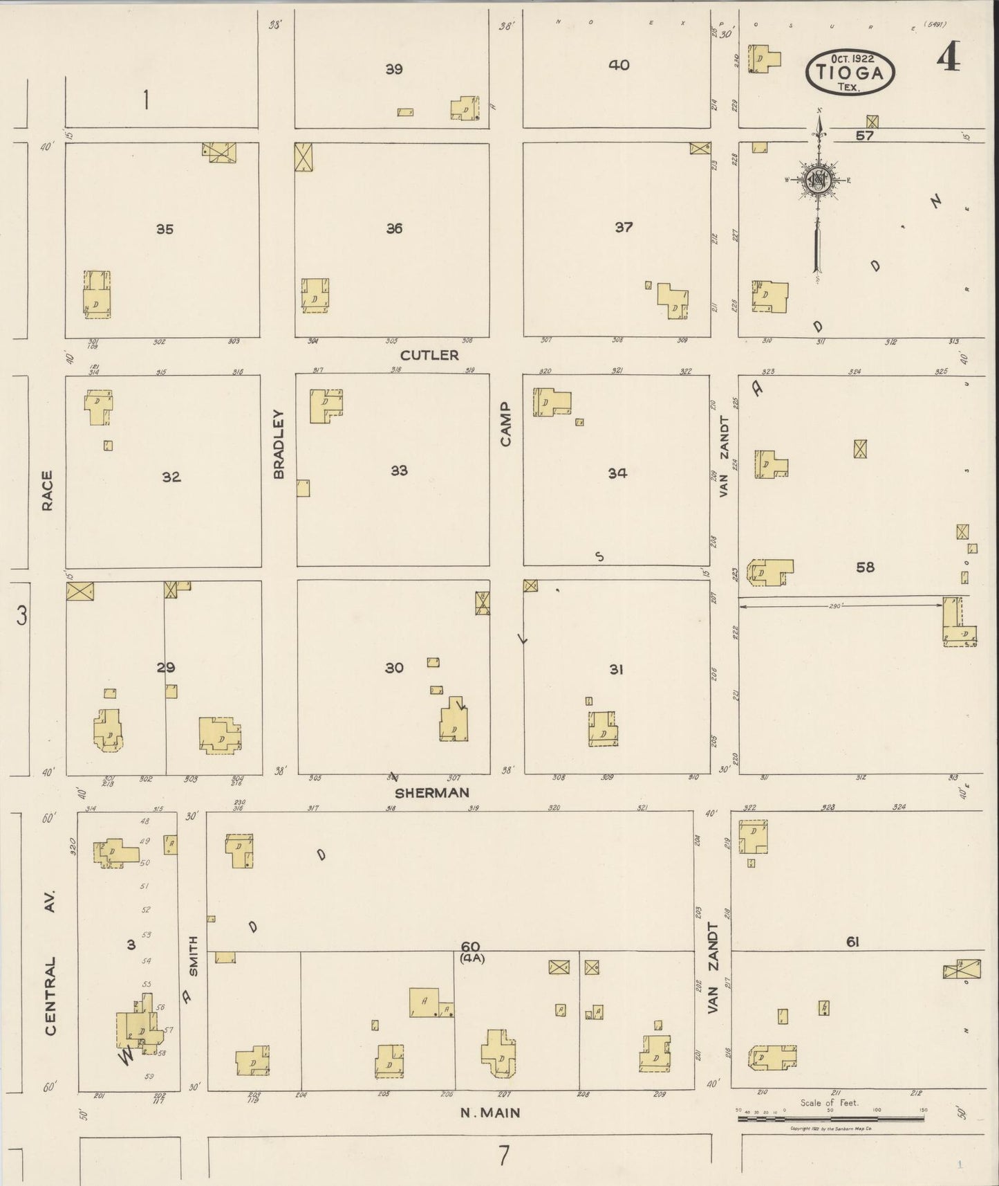 Sanborn Fire Insurance Map from Tioga, Grayton County, Texas (1922), Sheet #0004 - Historic Sanborn Fire Insurance Map Print, vintage old map wall art, antique decor, genealogy gift, Texas Texas map