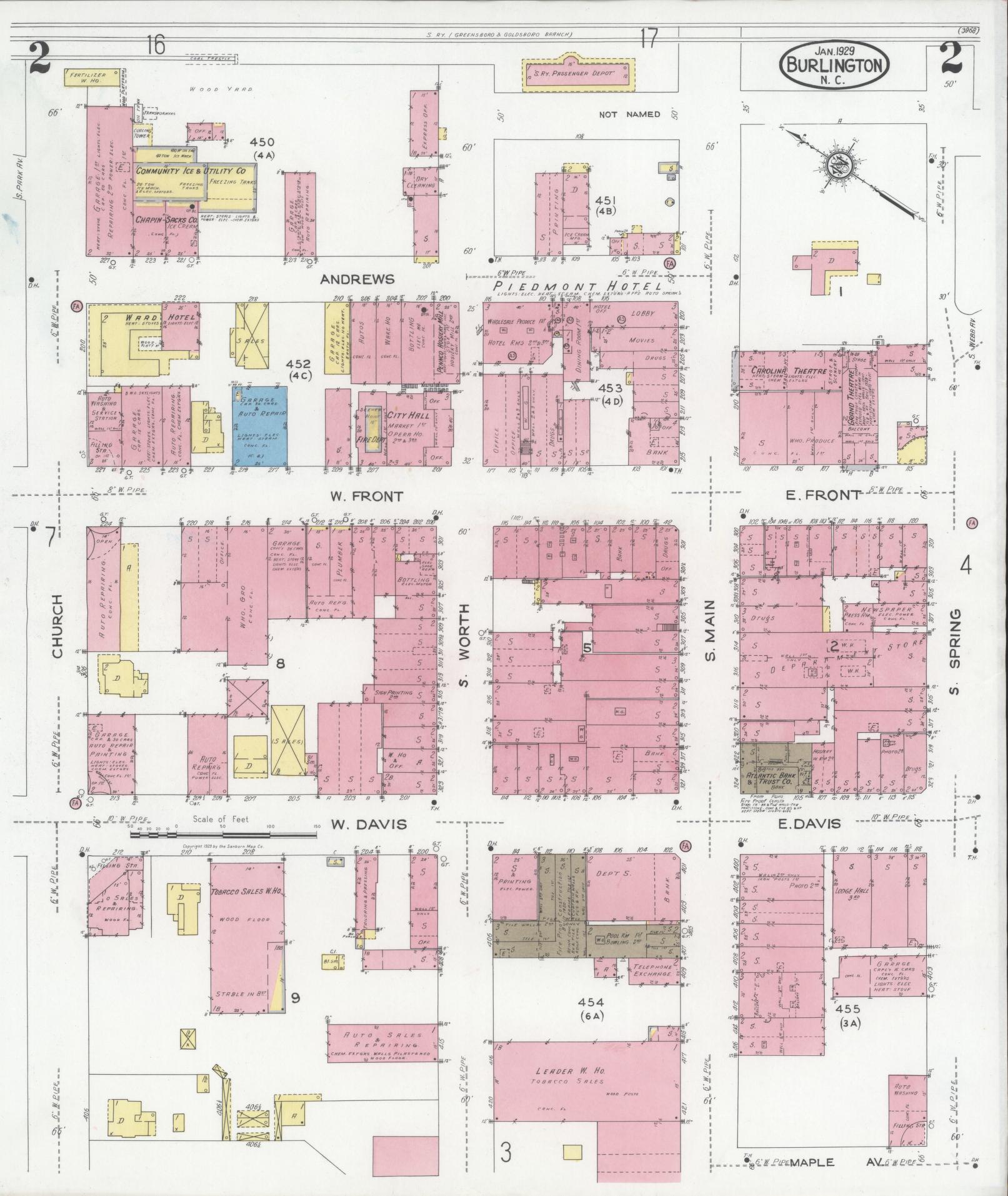 Sanborn Fire Insurance Map from Burlington, Alamance County, North Carolina (1929), Sheet #0002 - Historic Sanborn Fire Insurance Map Print, vintage old map wall art, antique decor, genealogy gift, North Carolina North Carolina map