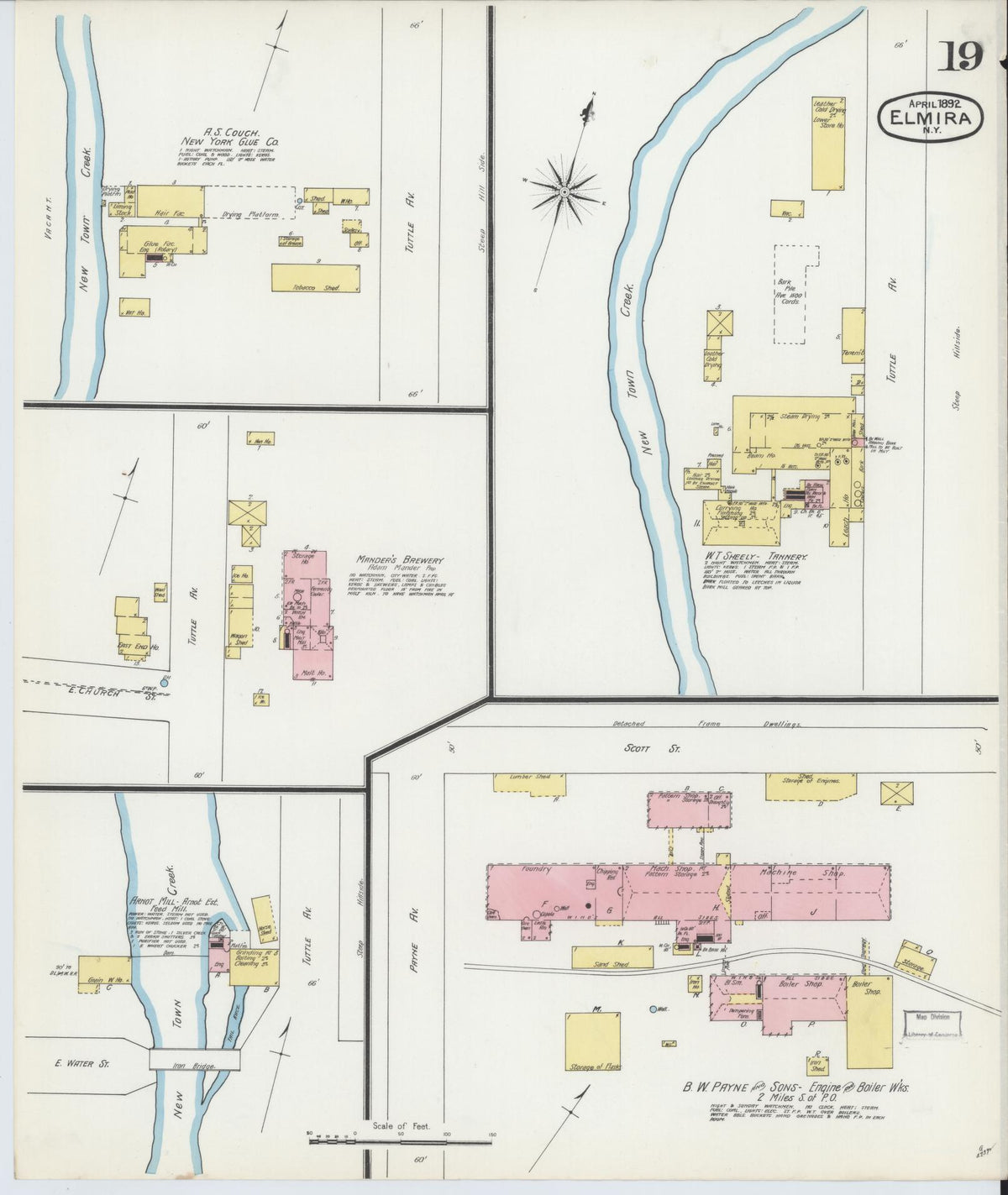 Sanborn Fire Insurance Map from Elmira, Chemung County, New York (1892), Sheet #0019 - Historic Sanborn Fire Insurance Map Print, vintage old map wall art, antique decor, genealogy gift, New York New York map