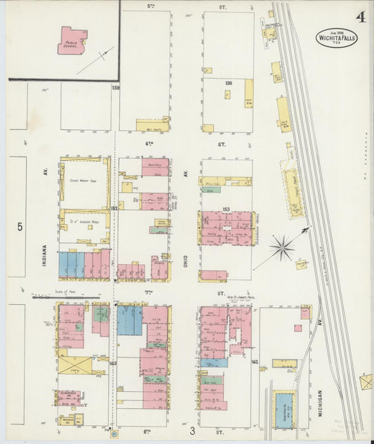 Sanborn Fire Insurance Map from Wichita Falls, Wichita County, Texas (1898), Sheet #0004 - Historic Sanborn Fire Insurance Map Print, vintage old map wall art, antique decor, genealogy gift, Texas Texas map