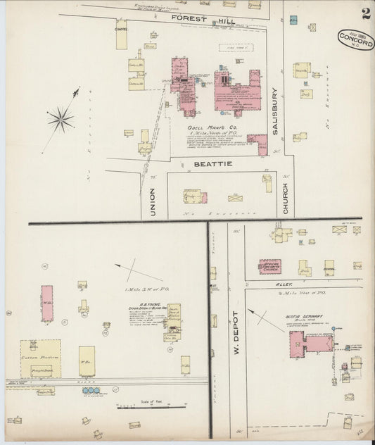 Sanborn Fire Insurance Map from Concord, Cabarrus County, North Carolina (1885), Sheet #0002 - Historic Sanborn Fire Insurance Map Print, vintage old map wall art, antique decor, genealogy gift, North Carolina North Carolina map