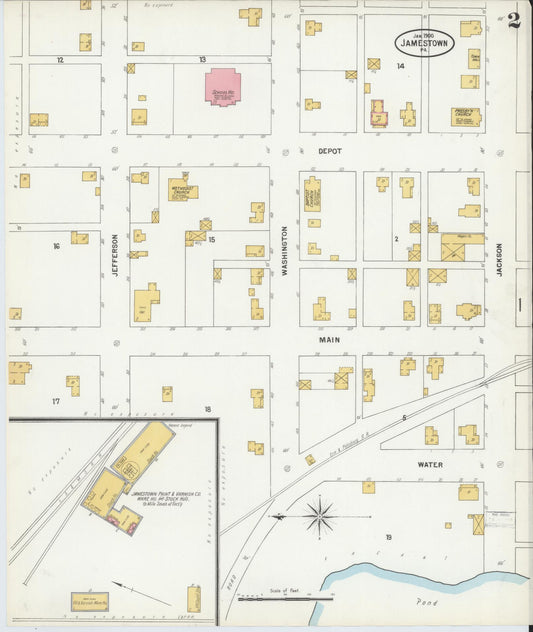 Sanborn Fire Insurance Map from Jamestown, Mercer County, Pennsylvania (1900), Sheet #0002 - Historic Sanborn Fire Insurance Map Print, vintage old map wall art, antique decor, genealogy gift, Pennsylvania Pennsylvania map