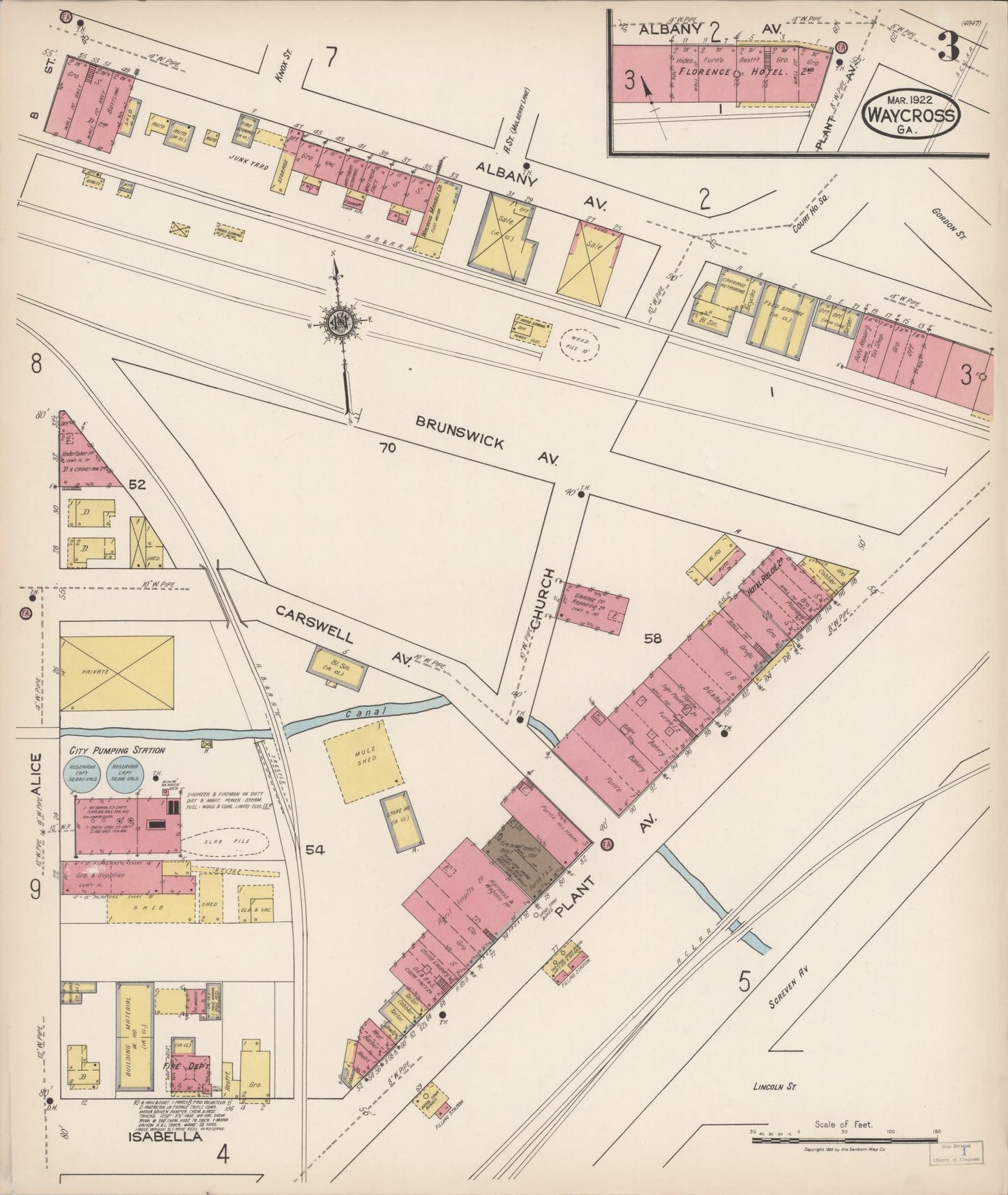 Sanborn Fire Insurance Map from Waycross, Ware County, Georgia (1922), Sheet #0003 - Historic Sanborn Fire Insurance Map Print, vintage old map wall art, antique decor, genealogy gift, Georgia Georgia map