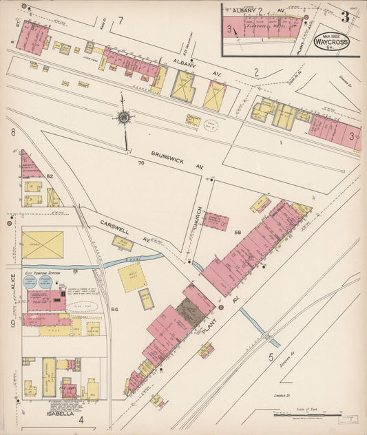 Sanborn Fire Insurance Map from Waycross, Ware County, Georgia (1922), Sheet #0003 - Historic Sanborn Fire Insurance Map Print, vintage old map wall art, antique decor, genealogy gift, Georgia Georgia map