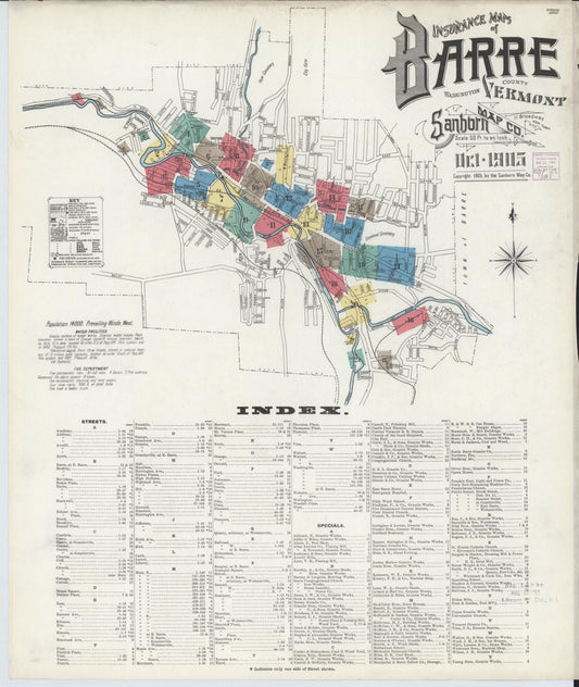 Sanborn Fire Insurance Map from Barre, Washington County, Vermont (1905), Sheet #0001 - Historic Sanborn Fire Insurance Map Print, vintage old map wall art, antique decor, genealogy gift, Vermont Vermont map