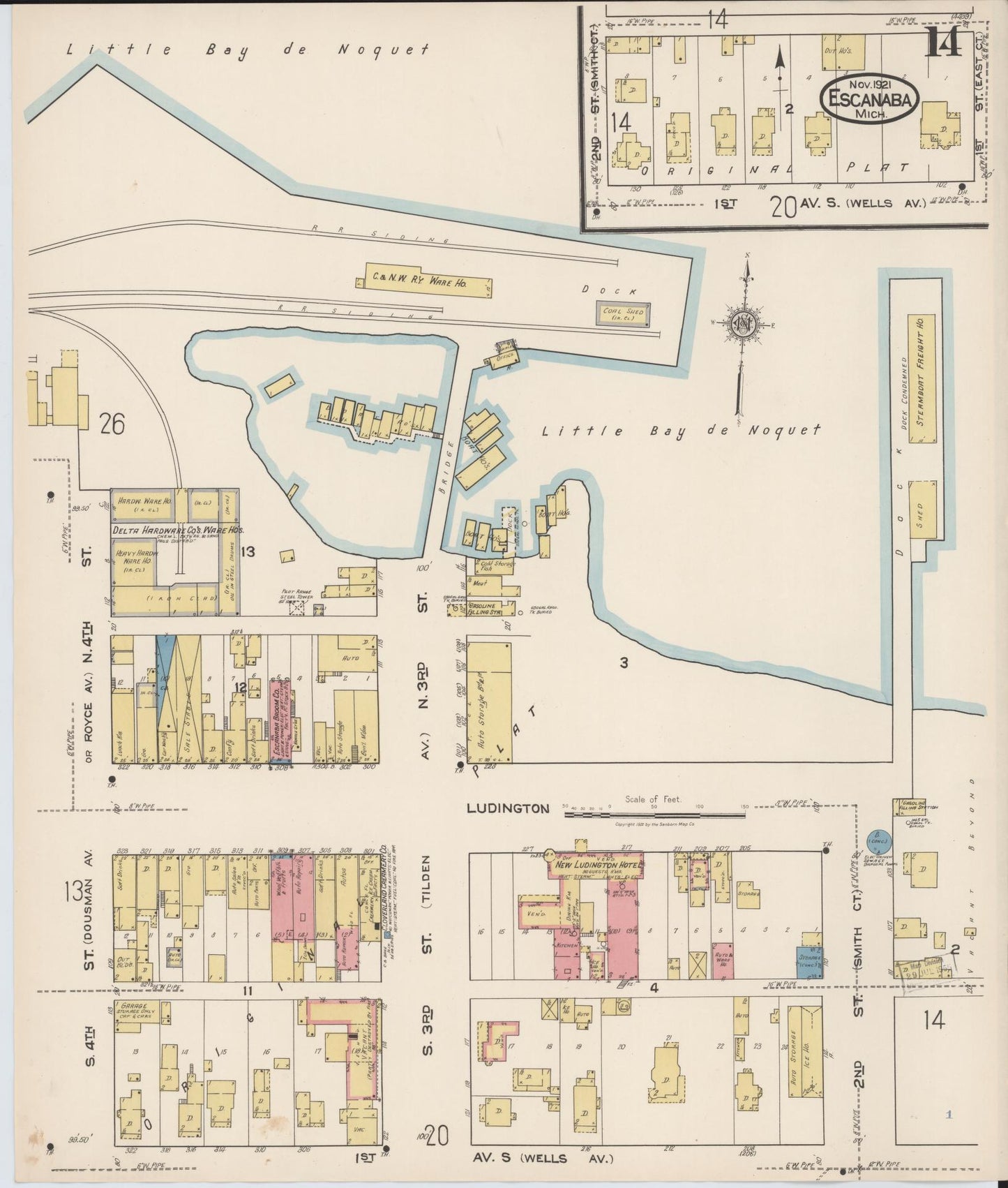 Sanborn Fire Insurance Map from Escanaba, Delta County, Michigan (1921), Sheet #0014 - Historic Sanborn Fire Insurance Map Print, vintage old map wall art, antique decor, genealogy gift, Michigan Michigan map