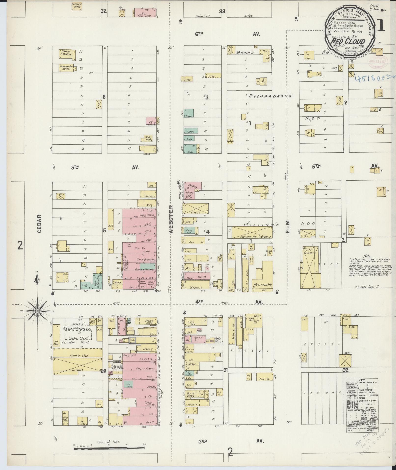 Sanborn Fire Insurance Map from Red Cloud, Webster County, Nebraska (1897), Sheet #0001 - Historic Sanborn Fire Insurance Map Print, vintage old map wall art, antique decor, genealogy gift, Nebraska Nebraska map