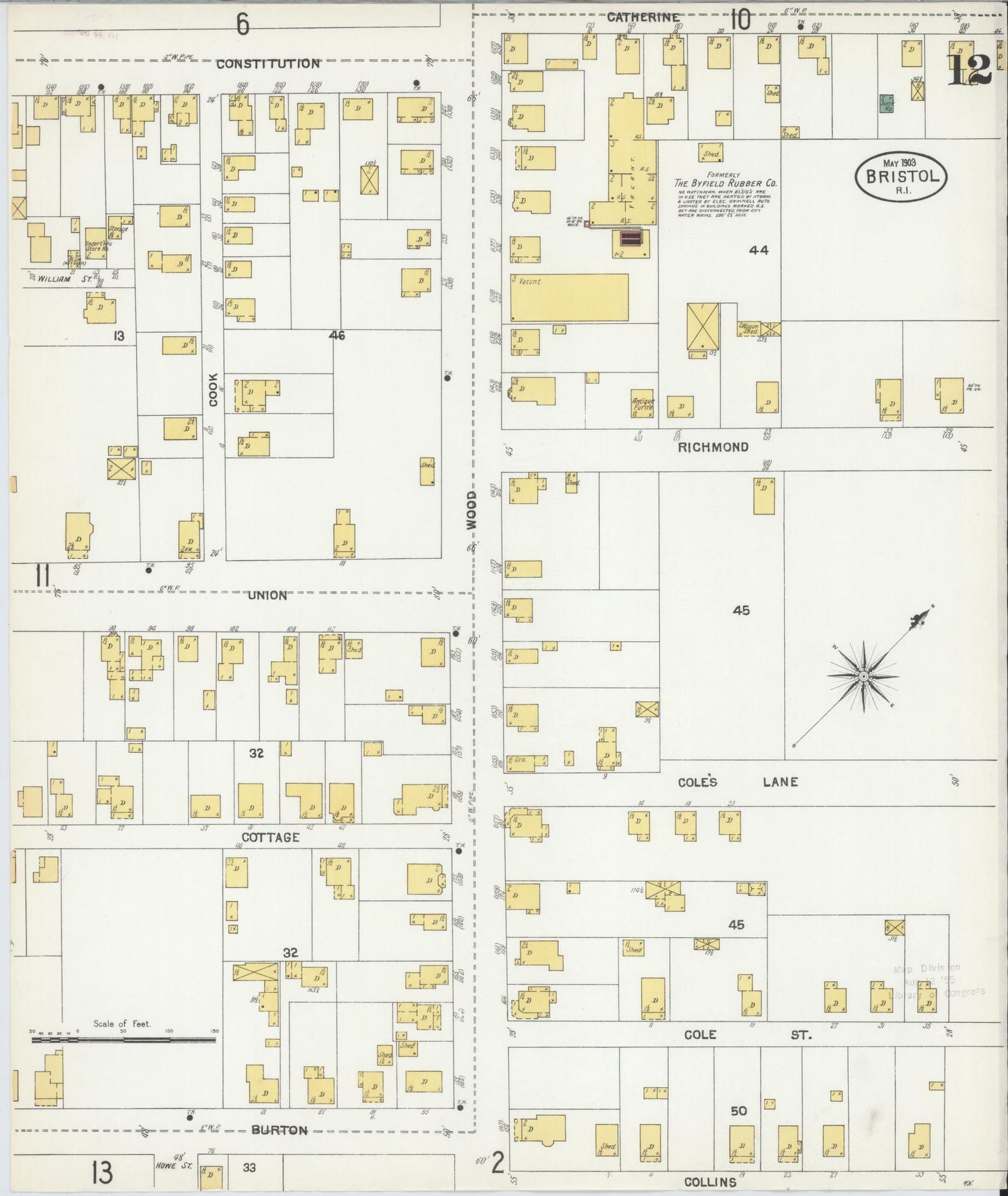 Sanborn Fire Insurance Map from Bristol, Bristol County, Rhode Island (1903), Sheet #0012 - Complete Map Set gallery image, historic Sanborn map, vintage wall art, Rhode Island Rhode Island