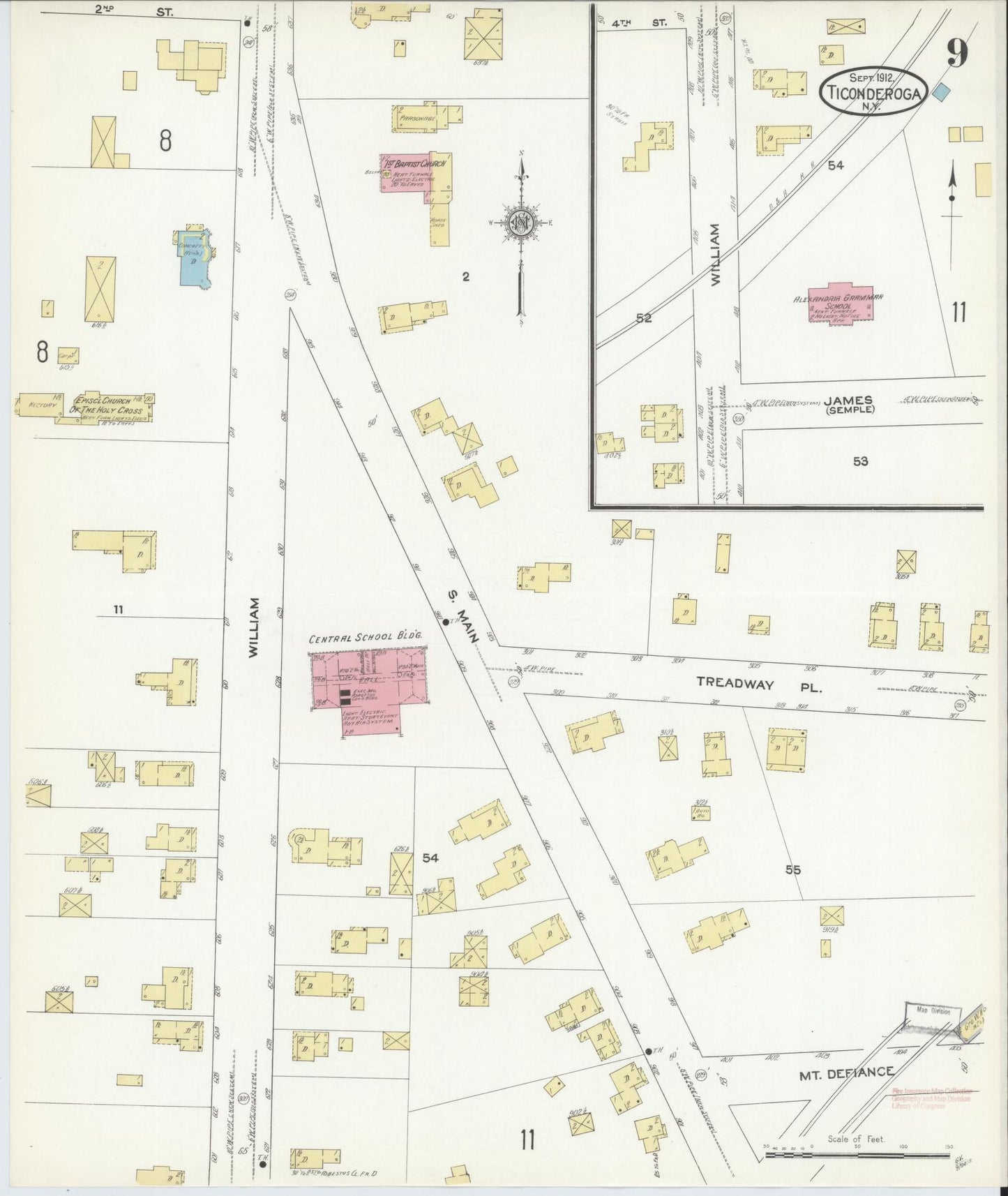 Sanborn Fire Insurance Map from Ticonderoga, Essex County, New York (1912), Sheet #0009 - Historic Sanborn Fire Insurance Map Print, vintage old map wall art, antique decor, genealogy gift, New York New York map