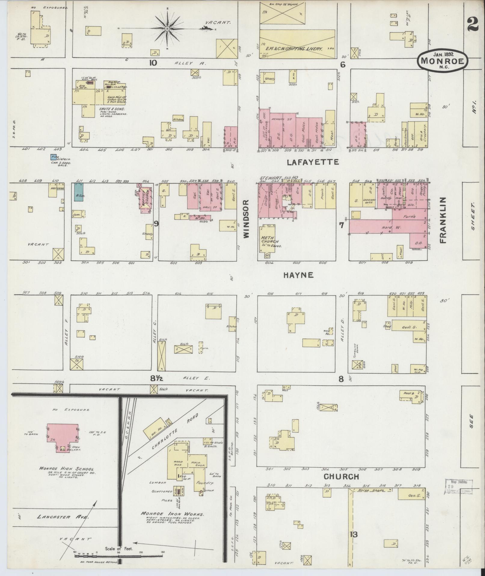 Sanborn Fire Insurance Map from Monroe, Union County, North Carolina (1892), Sheet #0002 - Complete Map Set gallery image, historic Sanborn map, vintage wall art, North Carolina North Carolina