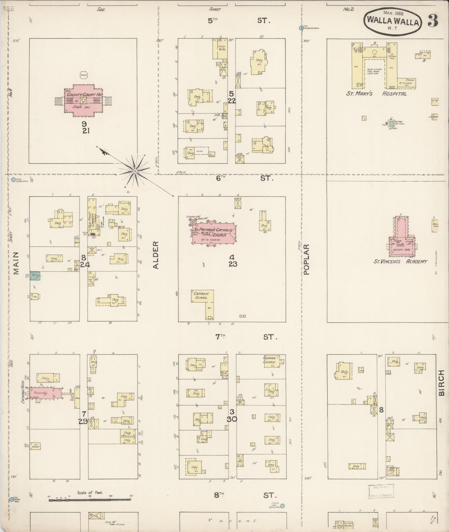 Sanborn Fire Insurance Map from Walla Walla, Walla Walla County, Washington (1888), Sheet #0003 - Complete Map Set gallery image, historic Sanborn map, vintage wall art, Washington Washington