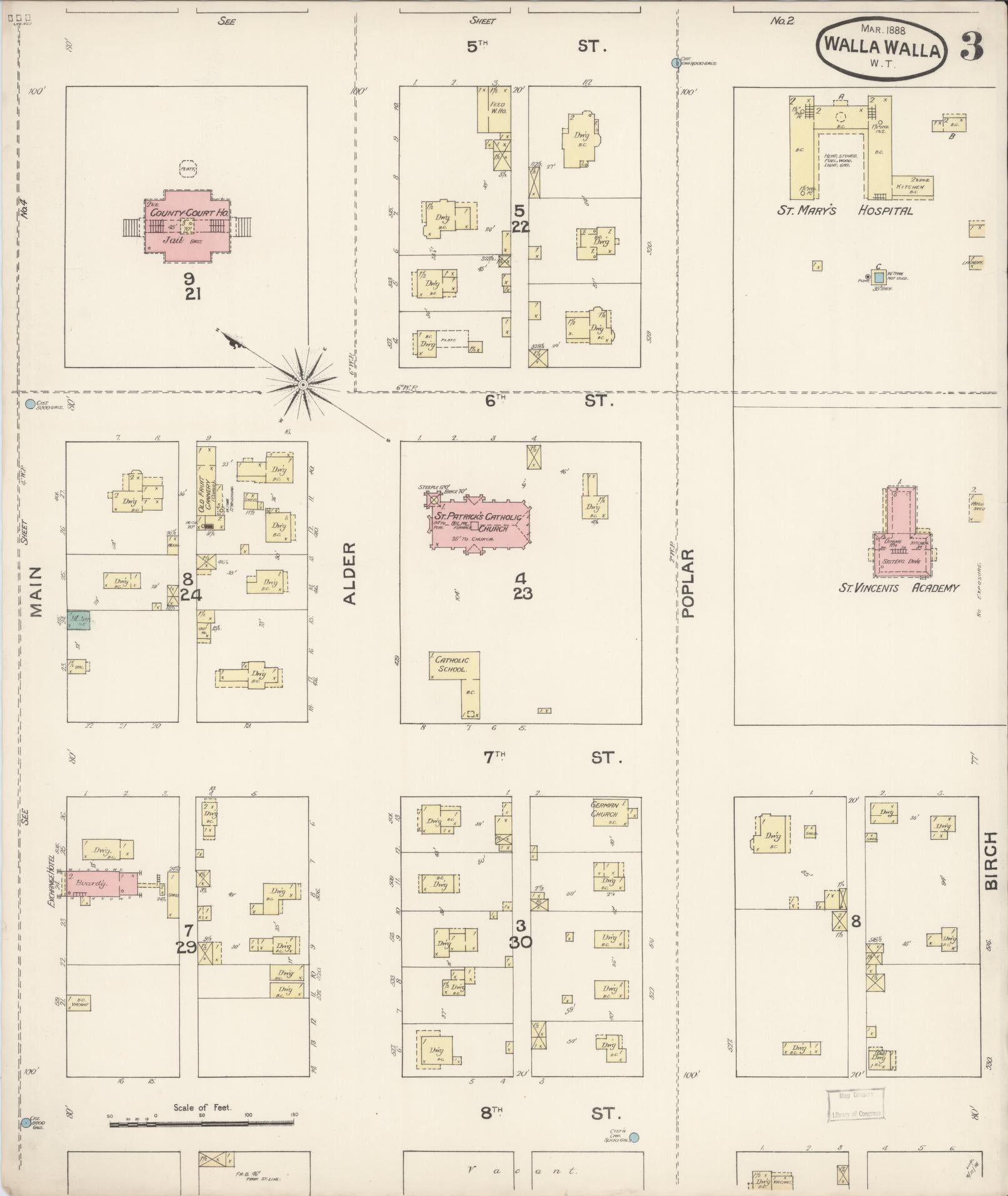 Sanborn Fire Insurance Map from Walla Walla, Walla Walla County, Washington (1888), Sheet #0003 - Complete Map Set gallery image, historic Sanborn map, vintage wall art, Washington Washington