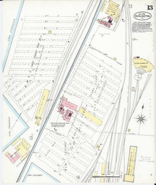 Sanborn Fire Insurance Map from Burlington, Chittenden County, Vermont (1906), Sheet #0013 - Historic Sanborn Fire Insurance Map Print, vintage old map wall art, antique decor, genealogy gift, Vermont Vermont map