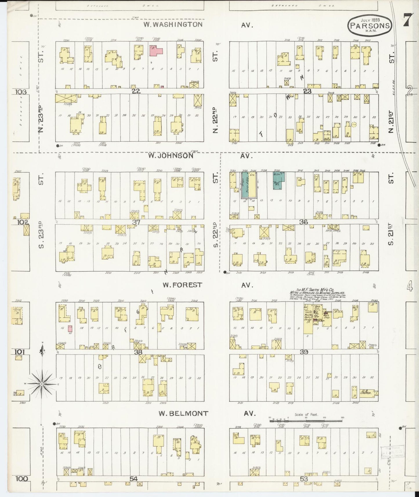 Sanborn Fire Insurance Map from Parsons, Labette County, Kansas (1893), Sheet #0007 - Complete Map Set gallery image, historic Sanborn map, vintage wall art, Kansas Kansas