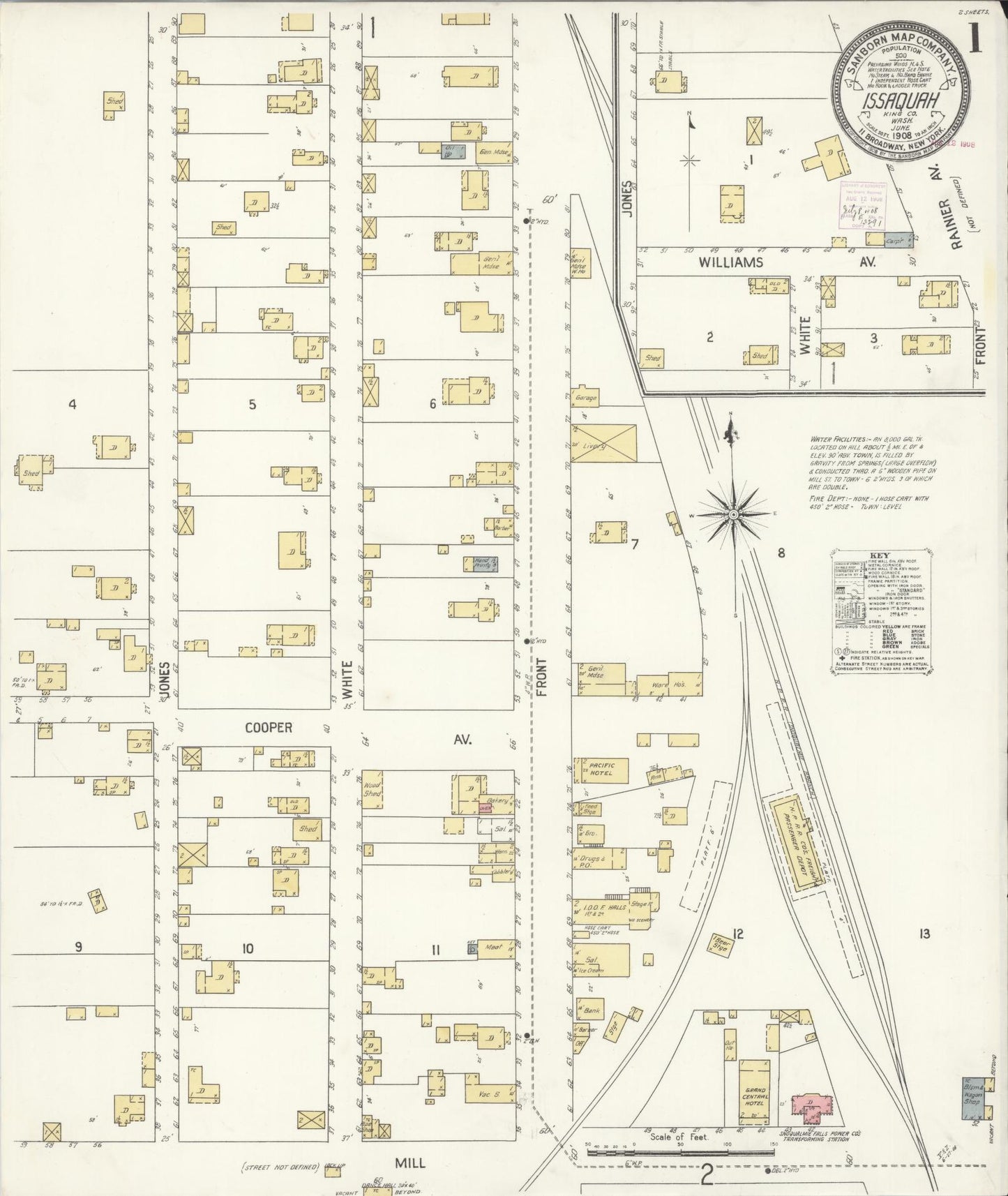 Sanborn Fire Insurance Map from Issaquah, King County, Washington (1908), Sheet #0001 - Complete Map Set gallery image, historic Sanborn map, vintage wall art, Washington Washington