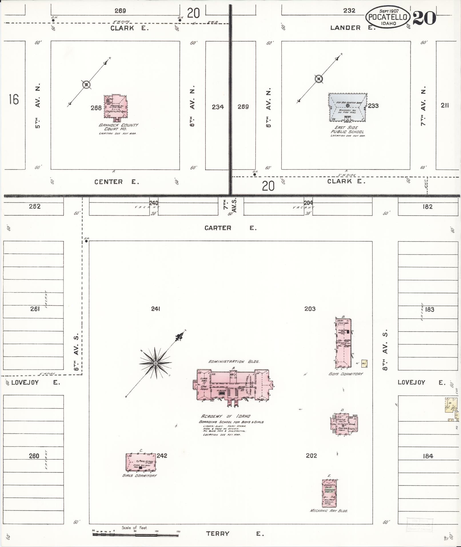 Sanborn Fire Insurance Map from Pocatello, Bannock County, Idaho (1907), Sheet #0020 - Historic Sanborn Fire Insurance Map Print, vintage old map wall art, antique decor, genealogy gift, Idaho Idaho map