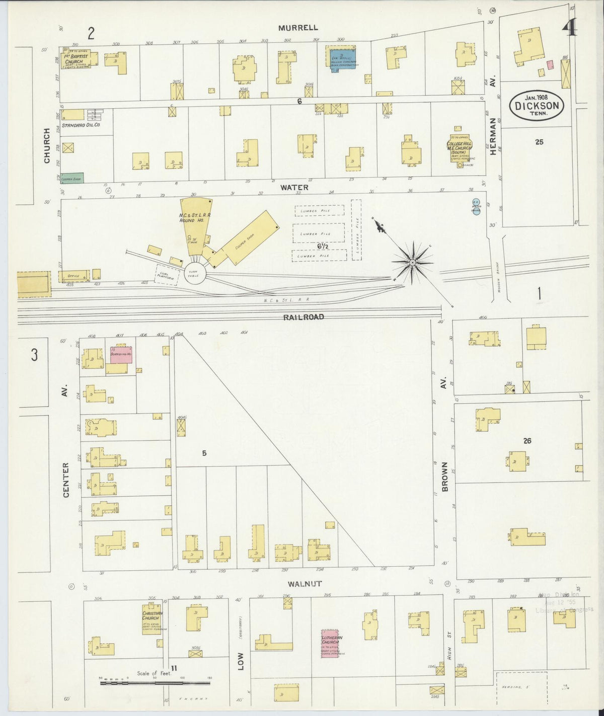 Sanborn Fire Insurance Map from Dickson, Dickson County, Tennessee (1908), Sheet #0004 - Complete Map Set gallery image, historic Sanborn map, vintage wall art, Tennessee Tennessee