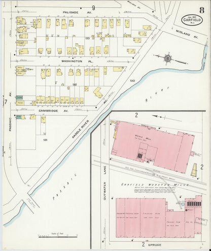 Sanborn Fire Insurance Map from Garfield, Bergen County, New Jersey (1910), Sheet #0008 - Historic Sanborn Fire Insurance Map Print, vintage old map wall art, antique decor, genealogy gift, New Jersey New Jersey map
