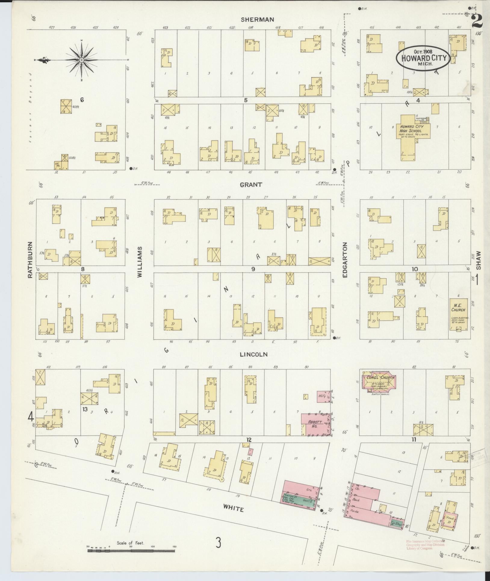 Sanborn Fire Insurance Map from Howard City, Montcalm County, Michigan (1908), Sheet #0002 - Complete Map Set gallery image, historic Sanborn map, vintage wall art, Michigan Michigan