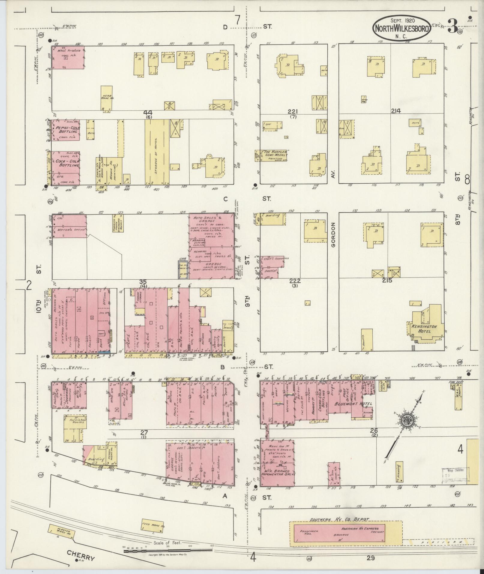 Sanborn Fire Insurance Map from North Wilkesboro, Wilkes County, North Carolina (1920), Sheet #0003 - Complete Map Set gallery image, historic Sanborn map, vintage wall art, North Carolina North Carolina