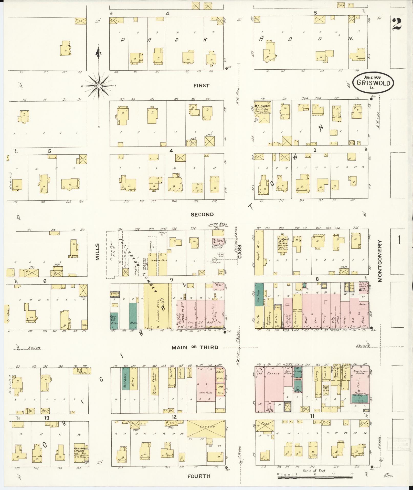 Sanborn Fire Insurance Map from Griswold, Cass County, Iowa (1909), Sheet #0002 - Historic Sanborn Fire Insurance Map Print, vintage old map wall art
