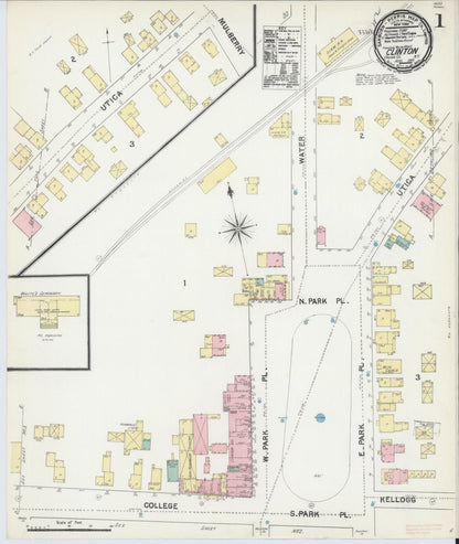 Sanborn Fire Insurance Map from Clinton, Oneida County, New York (1891), Sheet #0001 - Historic Sanborn Fire Insurance Map Print, vintage old map wall art, antique decor, genealogy gift, New York New York map
