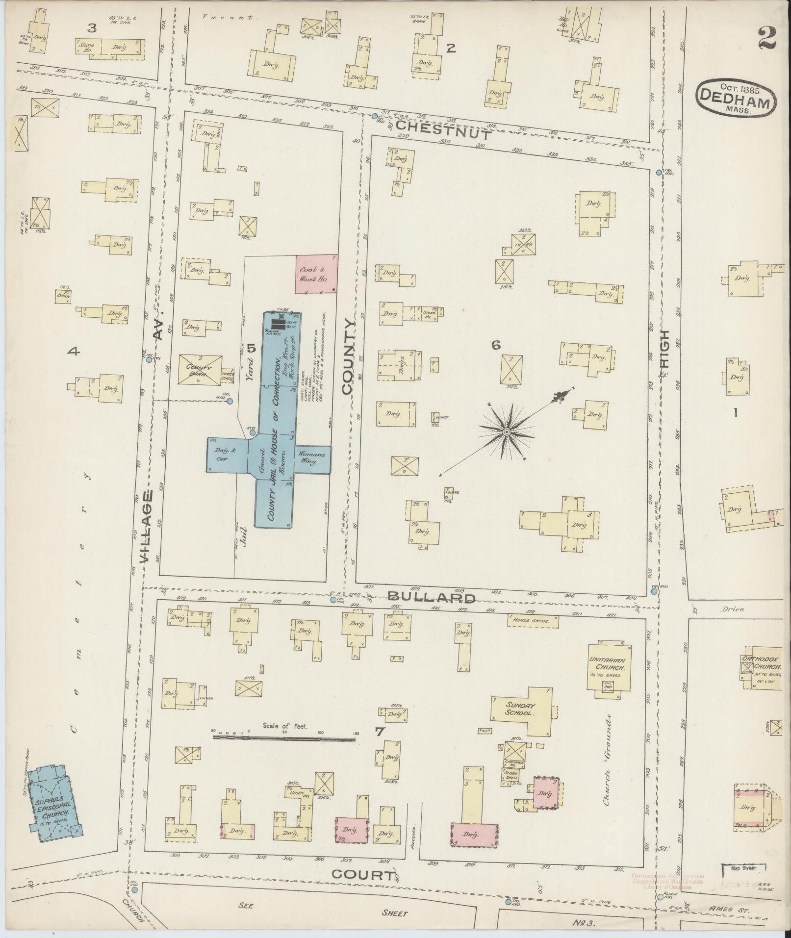 Sanborn Fire Insurance Map from Dedham, Norfolk County, Massachusetts (1885), Sheet #0002 - Historic Sanborn Fire Insurance Map Print, vintage old map wall art, antique decor, genealogy gift, Massachusetts Massachusetts map