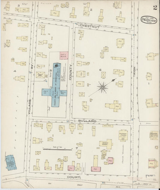 Sanborn Fire Insurance Map from Dedham, Norfolk County, Massachusetts (1885), Sheet #0002 - Historic Sanborn Fire Insurance Map Print, vintage old map wall art, antique decor, genealogy gift, Massachusetts Massachusetts map