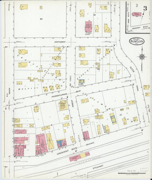 Sanborn Fire Insurance Map from Glen Ellyn, Du Page County, Illinois (1919), Sheet #0003 - Historic Sanborn Fire Insurance Map Print, vintage old map wall art, antique decor, genealogy gift, Illinois Illinois map