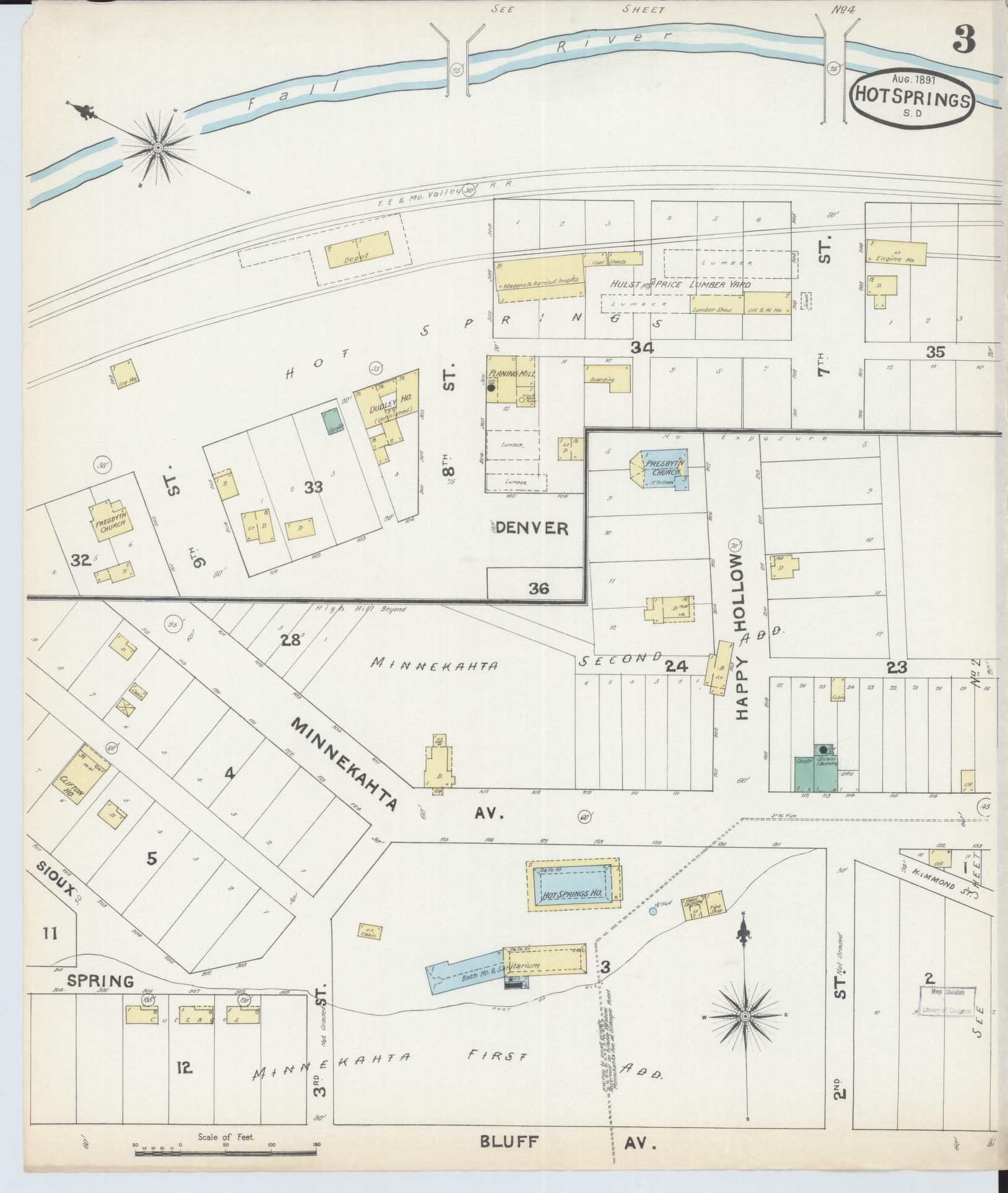 Sanborn Fire Insurance Map from Hot Springs, Fall River County, South Dakota (1891), Sheet #0003 - Complete Map Set gallery image, historic Sanborn map, vintage wall art, South Dakota South Dakota