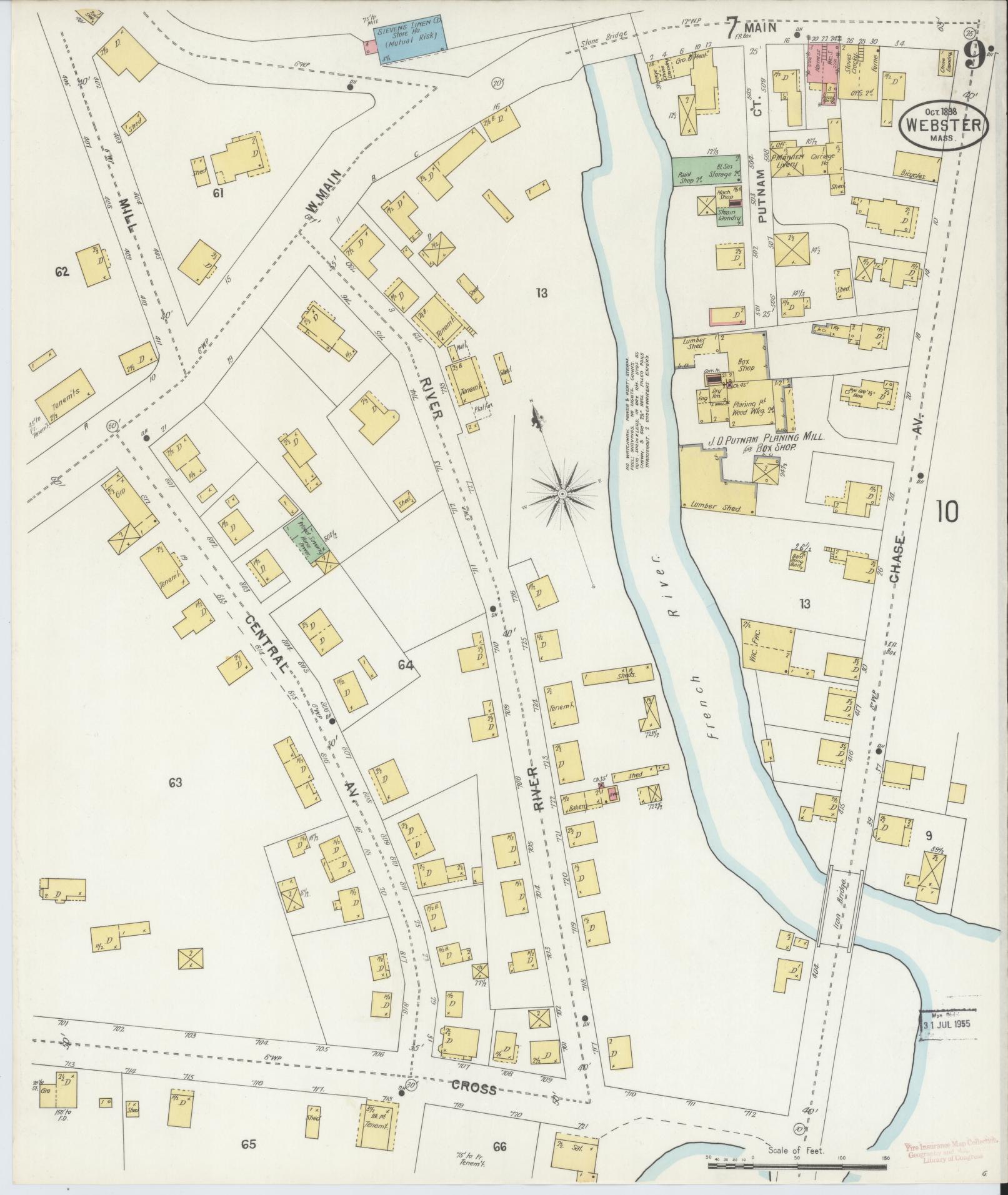 Sanborn Fire Insurance Map from Webster, Worcester County, Massachusetts (1898), Sheet #0009 - Historic Sanborn Fire Insurance Map Print, vintage old map wall art, antique decor, genealogy gift, Massachusetts Massachusetts map