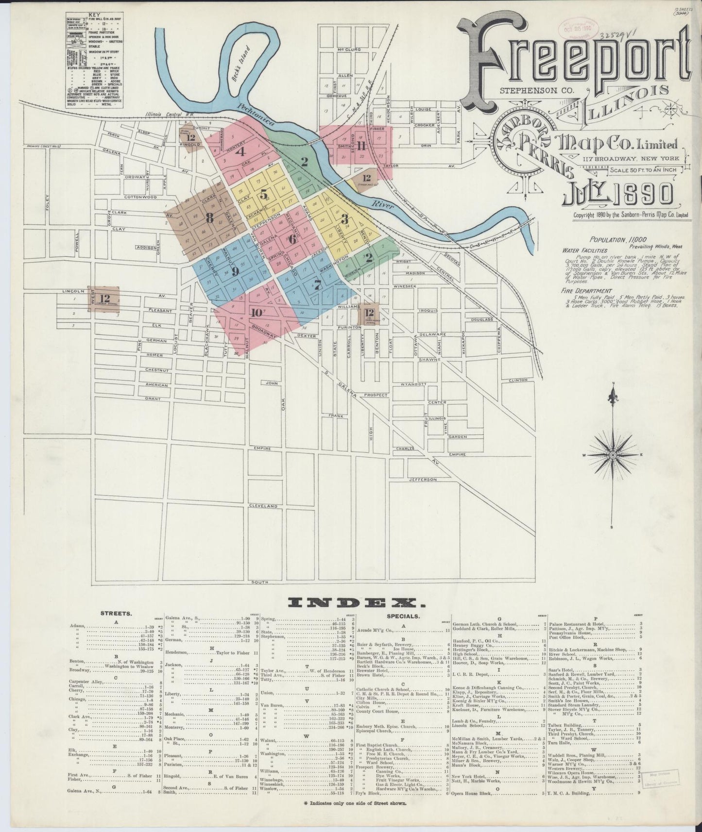 Sanborn Fire Insurance Map from Freeport, Stephenson County, Illinois (1890), Sheet #0001 - Historic Sanborn Fire Insurance Map Print, vintage old map wall art, antique decor, genealogy gift, Illinois Illinois map