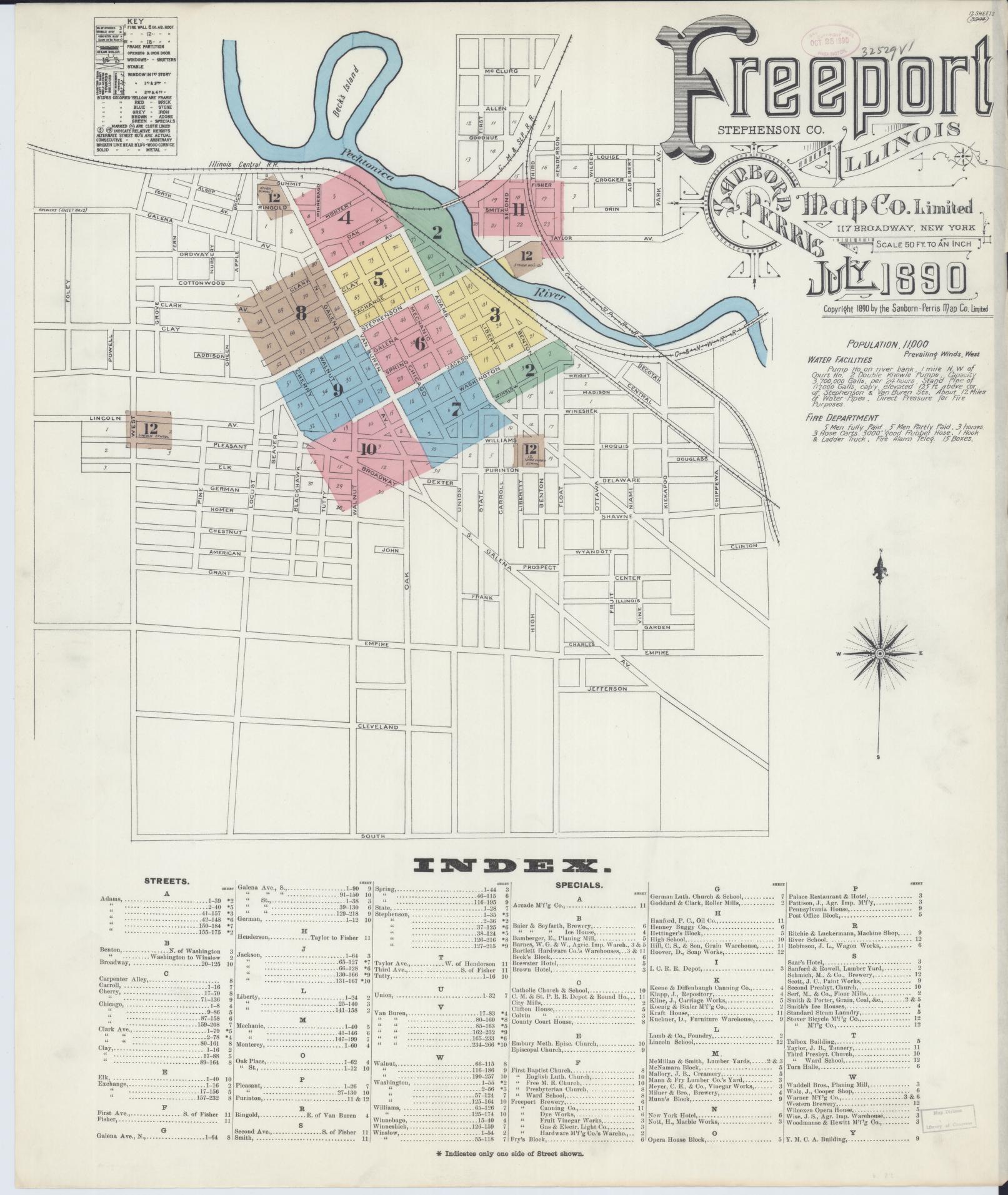 Sanborn Fire Insurance Map from Freeport, Stephenson County, Illinois (1890), Sheet #0001 - Historic Sanborn Fire Insurance Map Print, vintage old map wall art, antique decor, genealogy gift, Illinois Illinois map