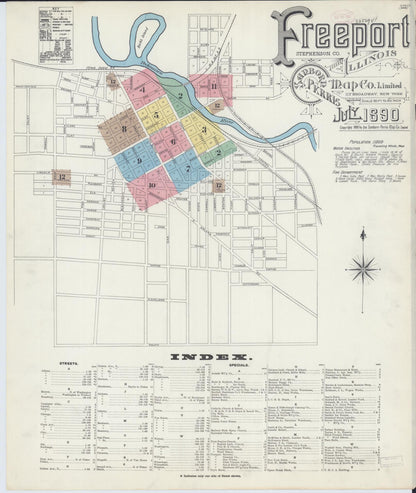 Sanborn Fire Insurance Map from Freeport, Stephenson County, Illinois (1890), Sheet #0001 - Historic Sanborn Fire Insurance Map Print, vintage old map wall art, antique decor, genealogy gift, Illinois Illinois map
