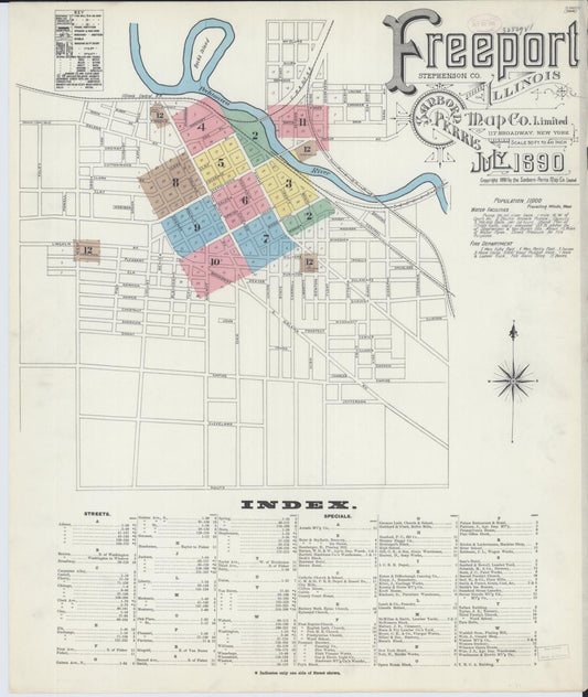 Sanborn Fire Insurance Map from Freeport, Stephenson County, Illinois (1890), Sheet #0001 - Historic Sanborn Fire Insurance Map Print, vintage old map wall art, antique decor, genealogy gift, Illinois Illinois map