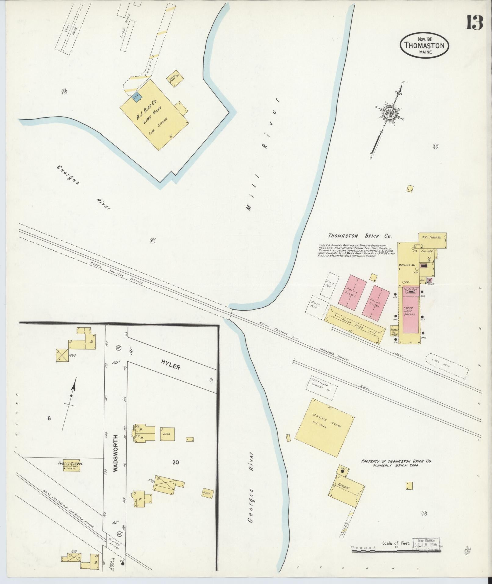 Sanborn Fire Insurance Map from Thomaston, Knox County, Maine (1911), Sheet #0013 - Complete Map Set gallery image, historic Sanborn map, vintage wall art, Maine Maine