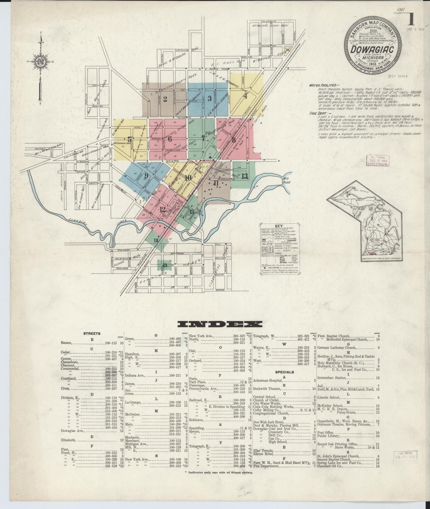 Sanborn Fire Insurance Map from Dowagiac, Cass County, Michigan (1913), Sheet #0001 - Historic Sanborn Fire Insurance Map Print, vintage old map wall art, antique decor, genealogy gift, Michigan Michigan map