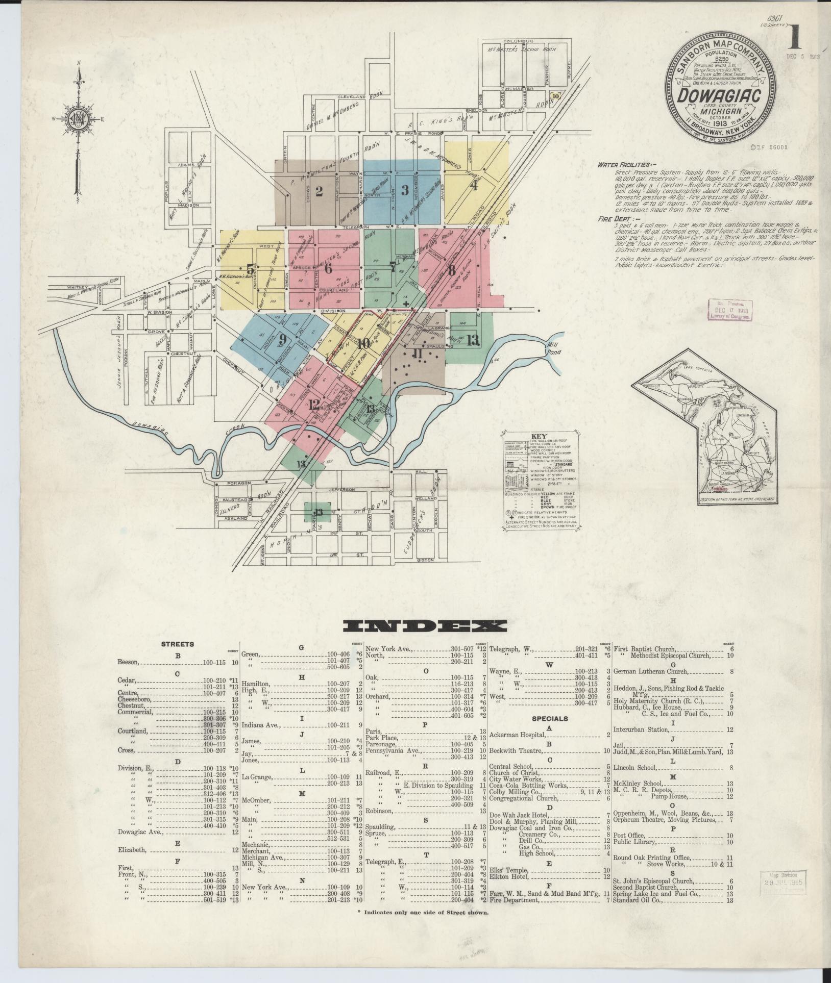 Sanborn Fire Insurance Map from Dowagiac, Cass County, Michigan (1913), Sheet #0001 - Historic Sanborn Fire Insurance Map Print, vintage old map wall art, antique decor, genealogy gift, Michigan Michigan map