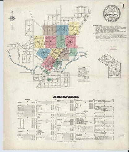 Sanborn Fire Insurance Map from Dowagiac, Cass County, Michigan (1913), Sheet #0001 - Historic Sanborn Fire Insurance Map Print, vintage old map wall art, antique decor, genealogy gift, Michigan Michigan map