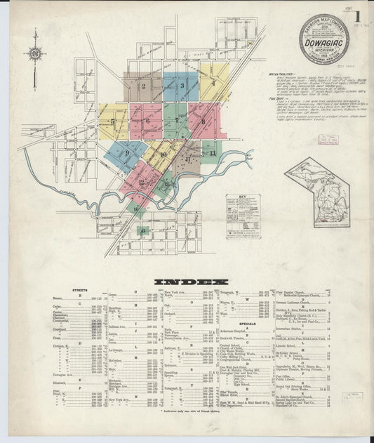 Sanborn Fire Insurance Map from Dowagiac, Cass County, Michigan (1913), Sheet #0001 - Historic Sanborn Fire Insurance Map Print, vintage old map wall art, antique decor, genealogy gift, Michigan Michigan map
